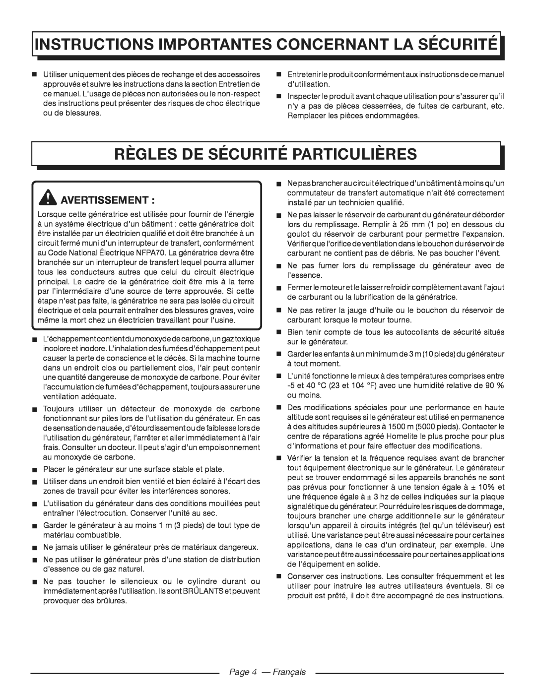 Homelite HGCA3000 Règles de sécurité particulières, Page 4 - Français, Instructions Importantes Concernant La Sécurité 