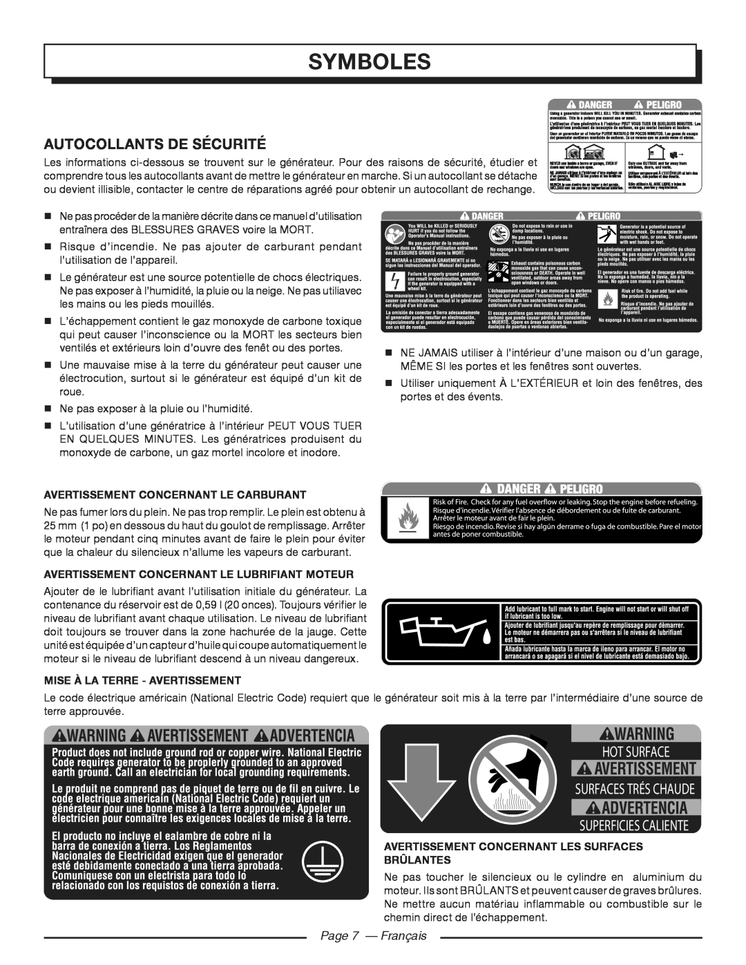 Homelite HGCA3000 Autocollants De Sécurité, Page 7 - Français, Symboles, Hot Surface, Superficies Caliente 
