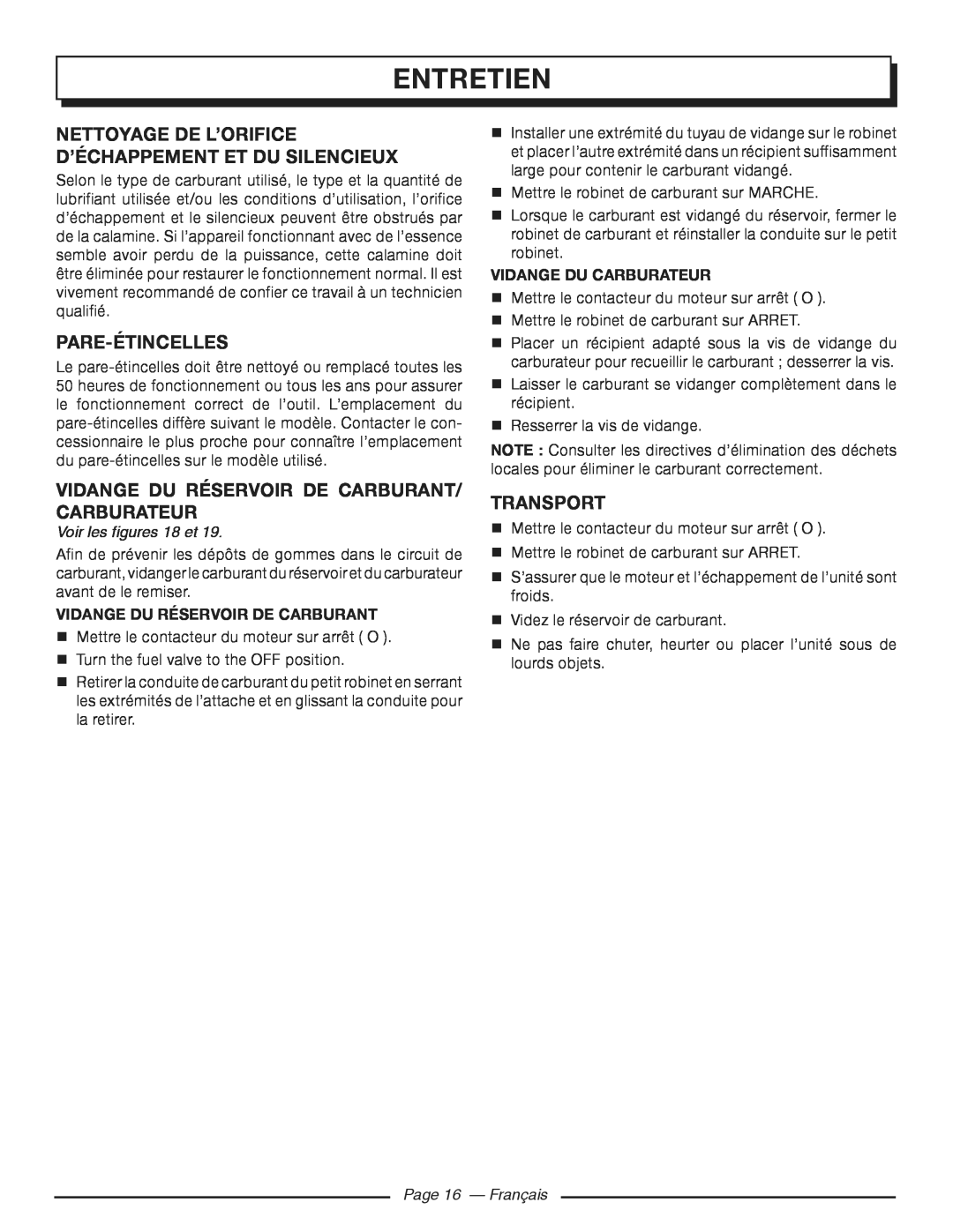Homelite HGCA3000 Nettoyage De L’Orifice D’Échappement Et Du Silencieux, Pare-Étincelles, Transport, Page 16 - Français 