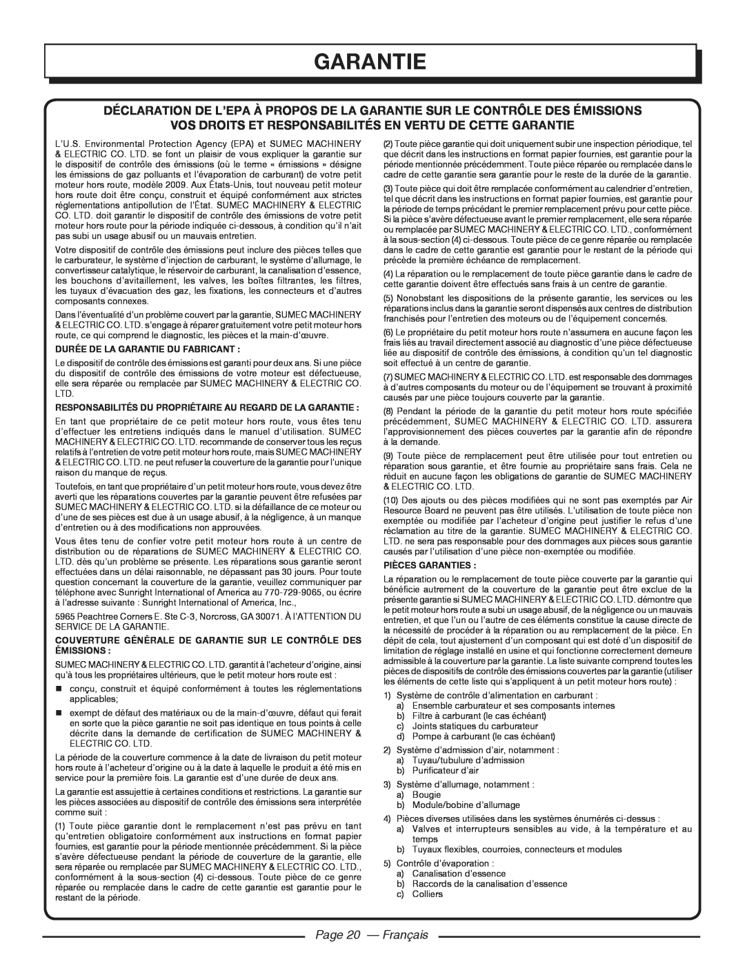 Homelite HGCA3000 Vos Droits Et Responsabilités En Vertu De Cette Garantie, Page 20 - Français, Pièces Garanties 