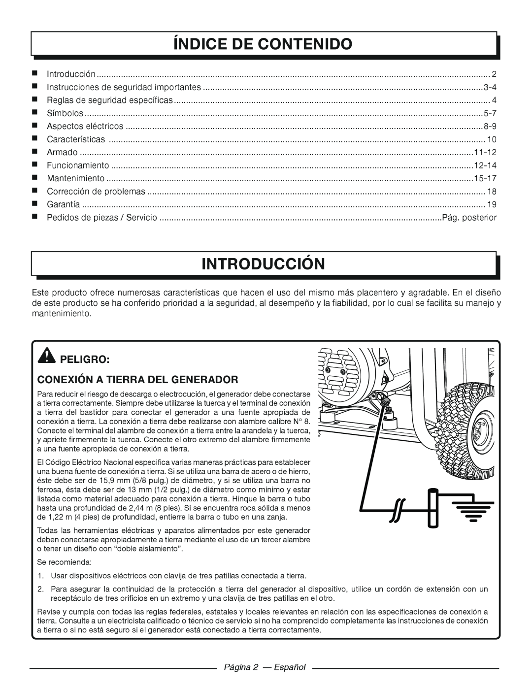 Homelite HGCA3000 Índice De Contenido, Introducción, peligro Conexión a tierra del generador, Pág. posterior, 11-12, 12-14 