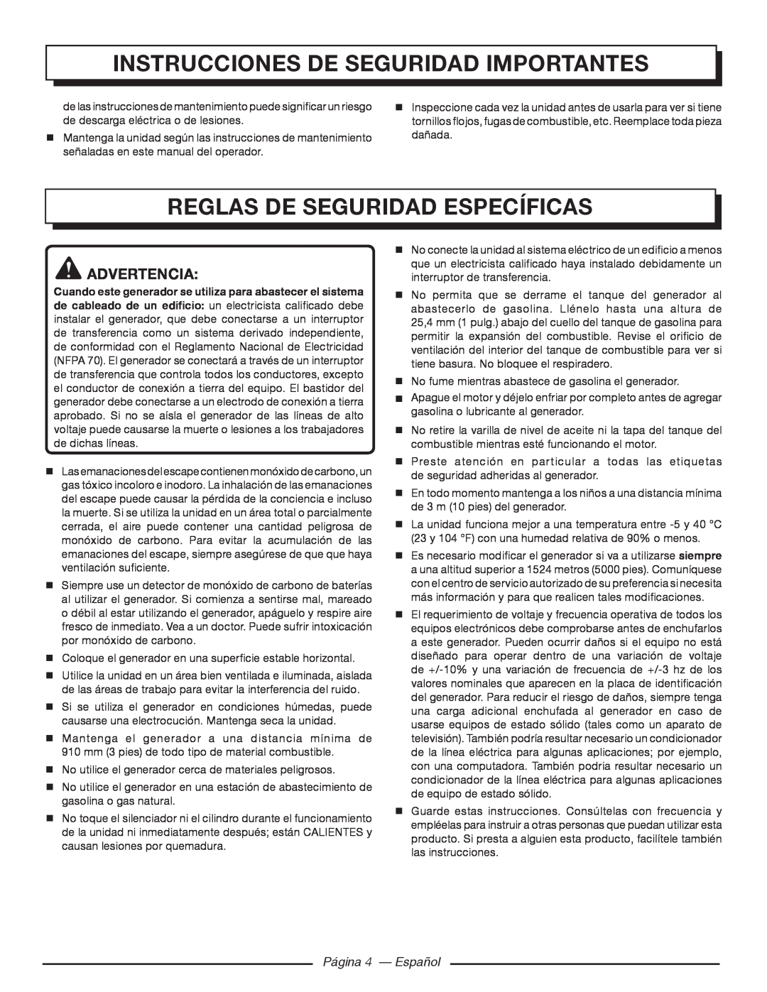 Homelite HGCA3000 Instrucciones de seguridad importantes, Reglas De Seguridad Específicas, Advertencia, Página 4 - Español 
