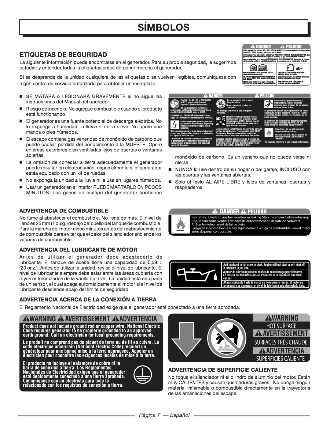 Homelite HGCA3000 símbolos, Etiquetas De Seguridad, Advertencia de combustible, Advertencia del lubricante de motor 