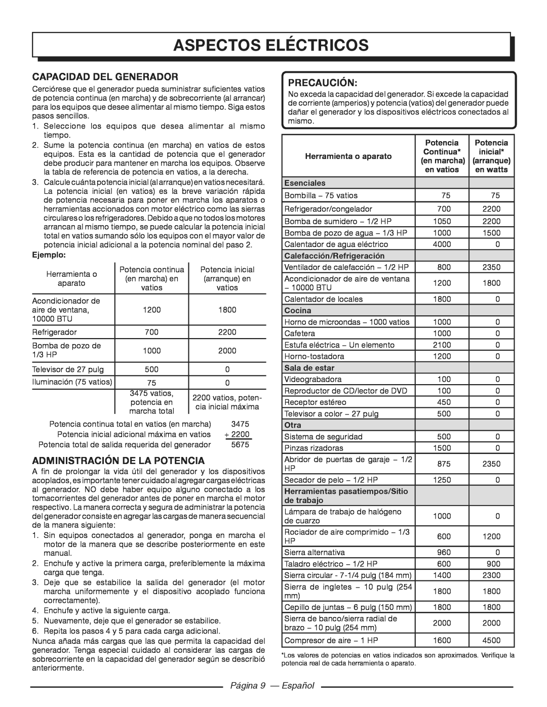Homelite HGCA3000 Capacidad del generador, Administración De La Potencia, Página 9 - Español, aspectos eléctricos 