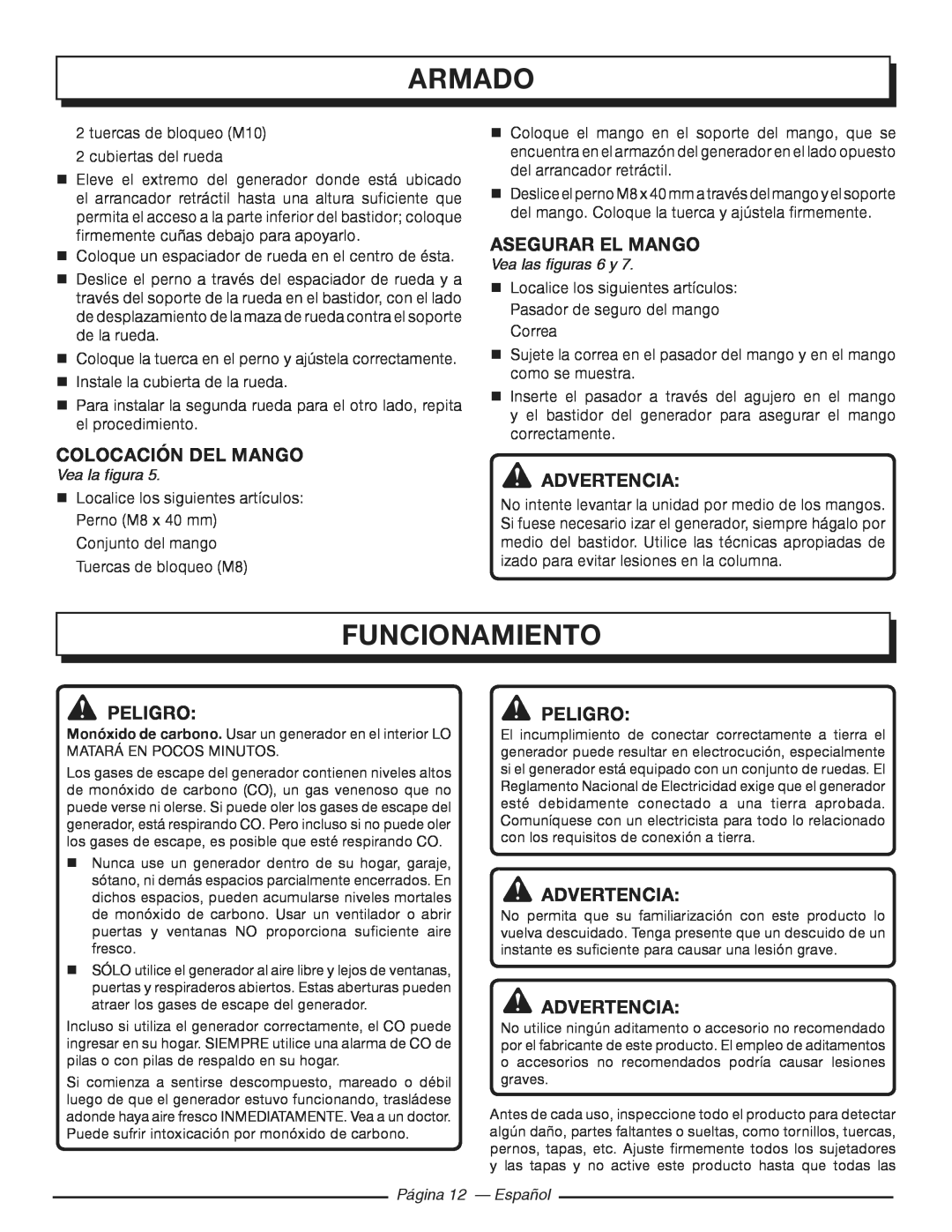 Homelite HGCA3000 Funcionamiento, Colocación Del Mango, Asegurar el mango, Vea las figuras 6 y, Página 12 - Español 