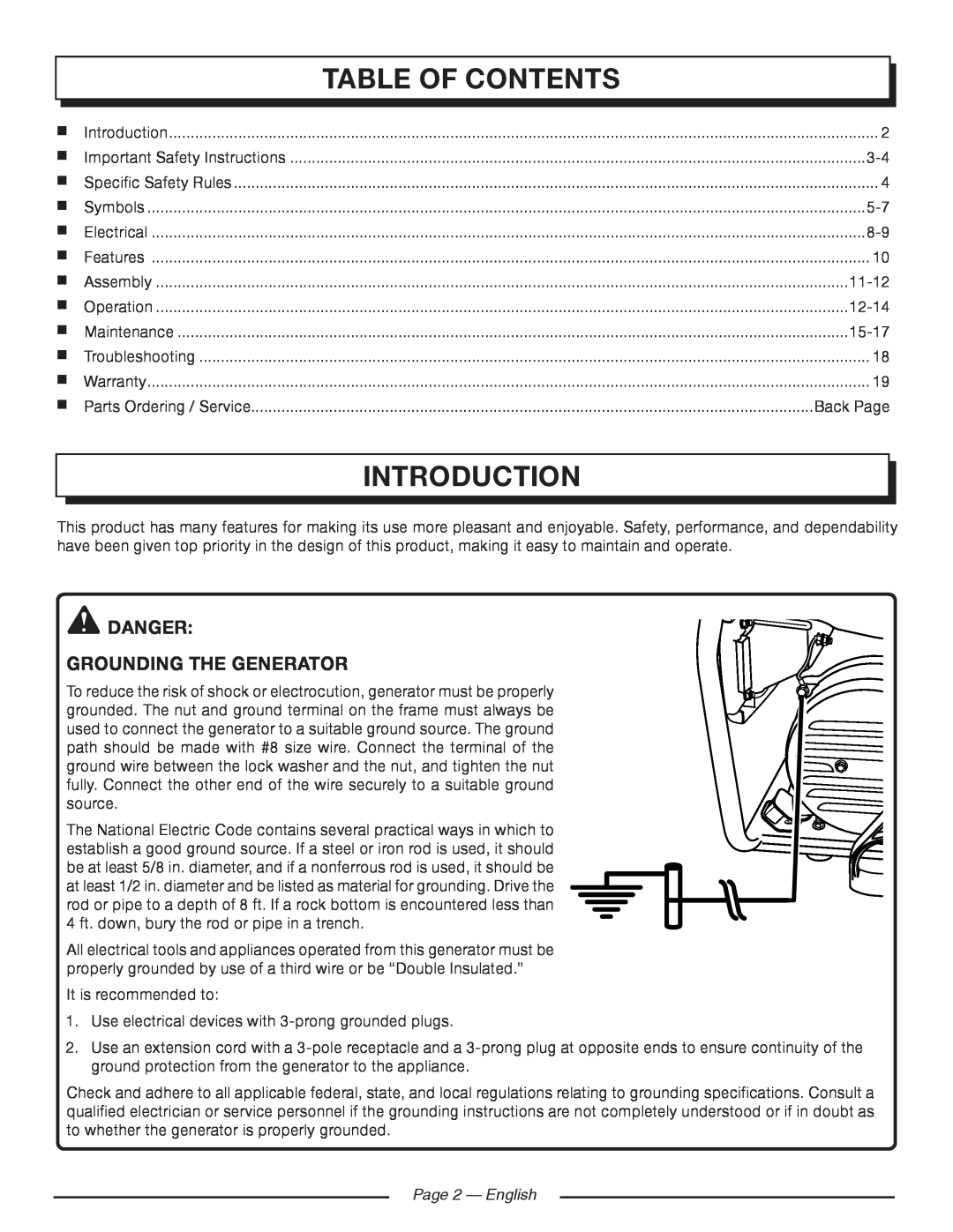 Homelite HGCA3000 manuel dutilisation Introduction, Table Of Contents, danger Grounding the Generator, Page 2 - English 