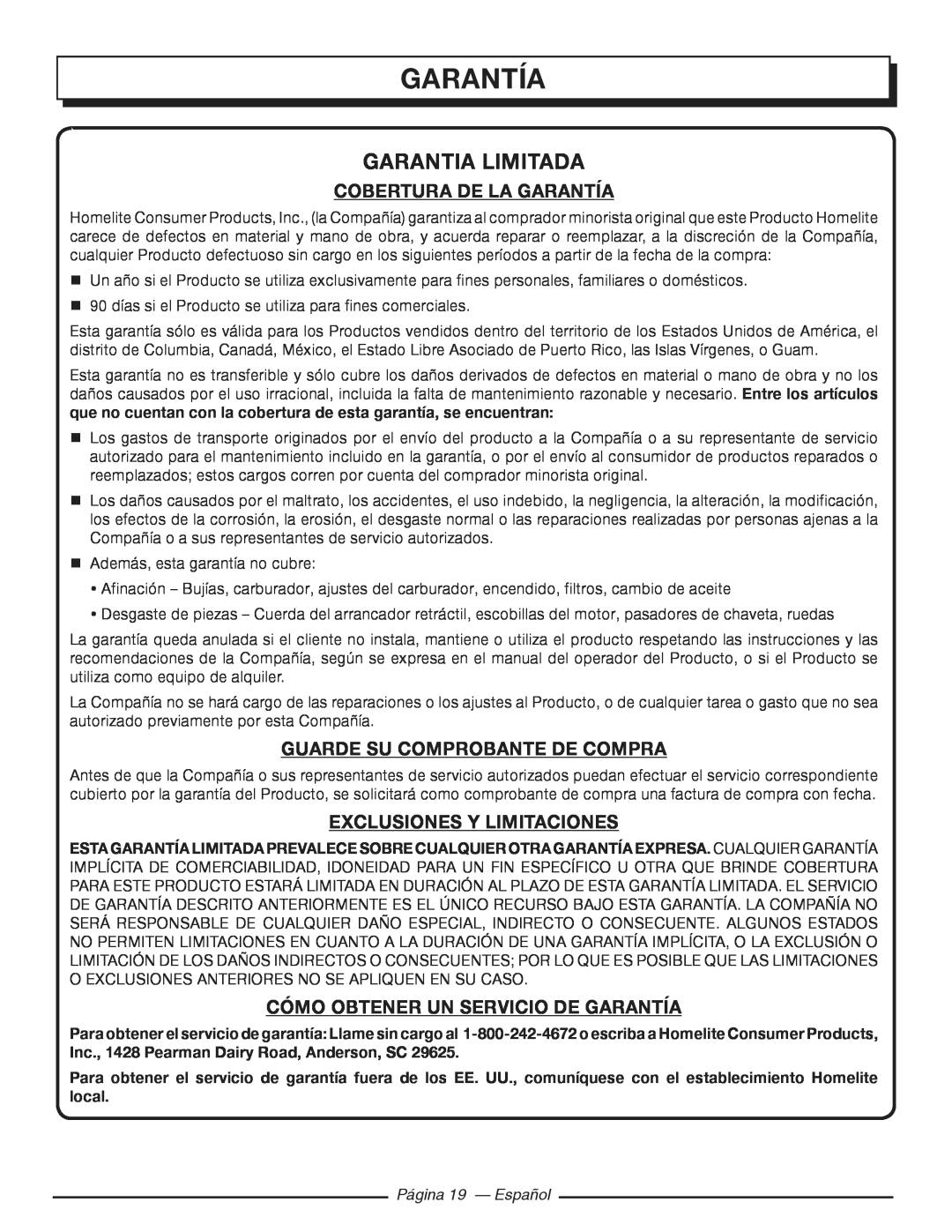 Homelite HGCA3000 Garantia Limitada, Cobertura De La Garantía, Guarde Su Comprobante De Compra, Página 19 - Español 