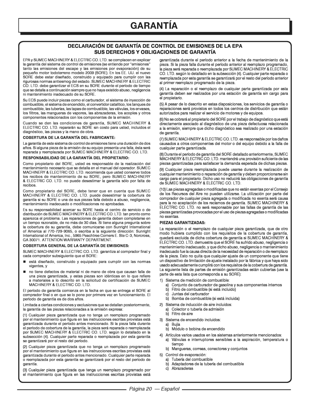 Homelite HGCA3000 Declaración De Garantía De Control De Emisiones De La Epa, Sus Derechos Y Obligaciones De Garantía 