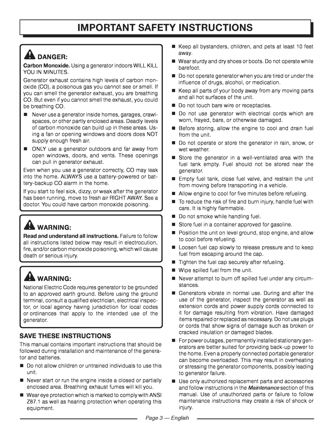 Homelite HGCA3000 manuel dutilisation important safety instructions, Danger, Save These Instructions, Page 3 - English 