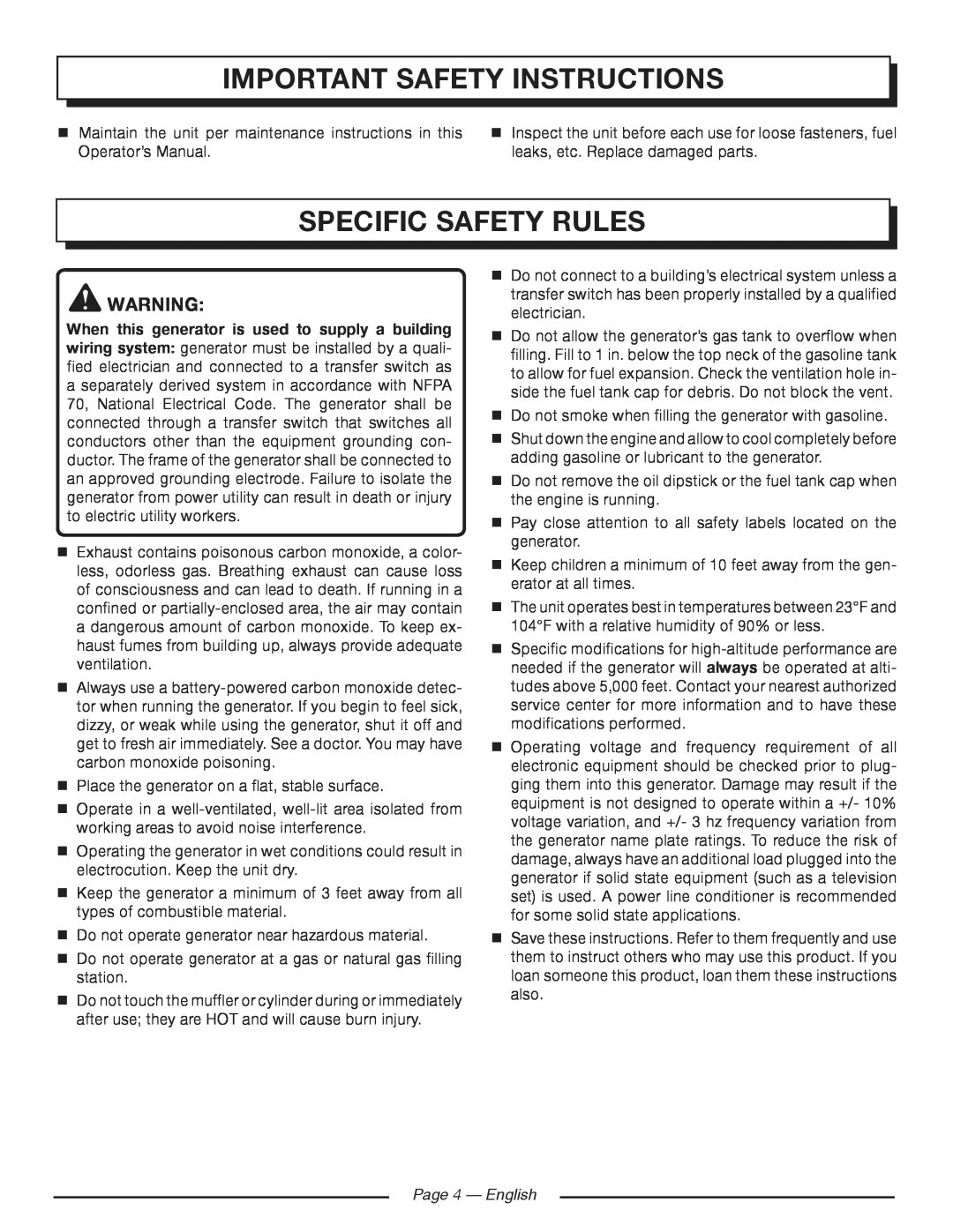 Homelite HGCA3000 manuel dutilisation Specific Safety Rules, Page 4 - English, important safety instructions 