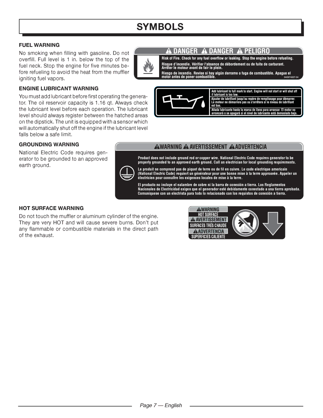 Homelite HGCA5000 Fuel Warning, Engine Lubricant Warning, Grounding Warning, HOT Surface Warning, English 