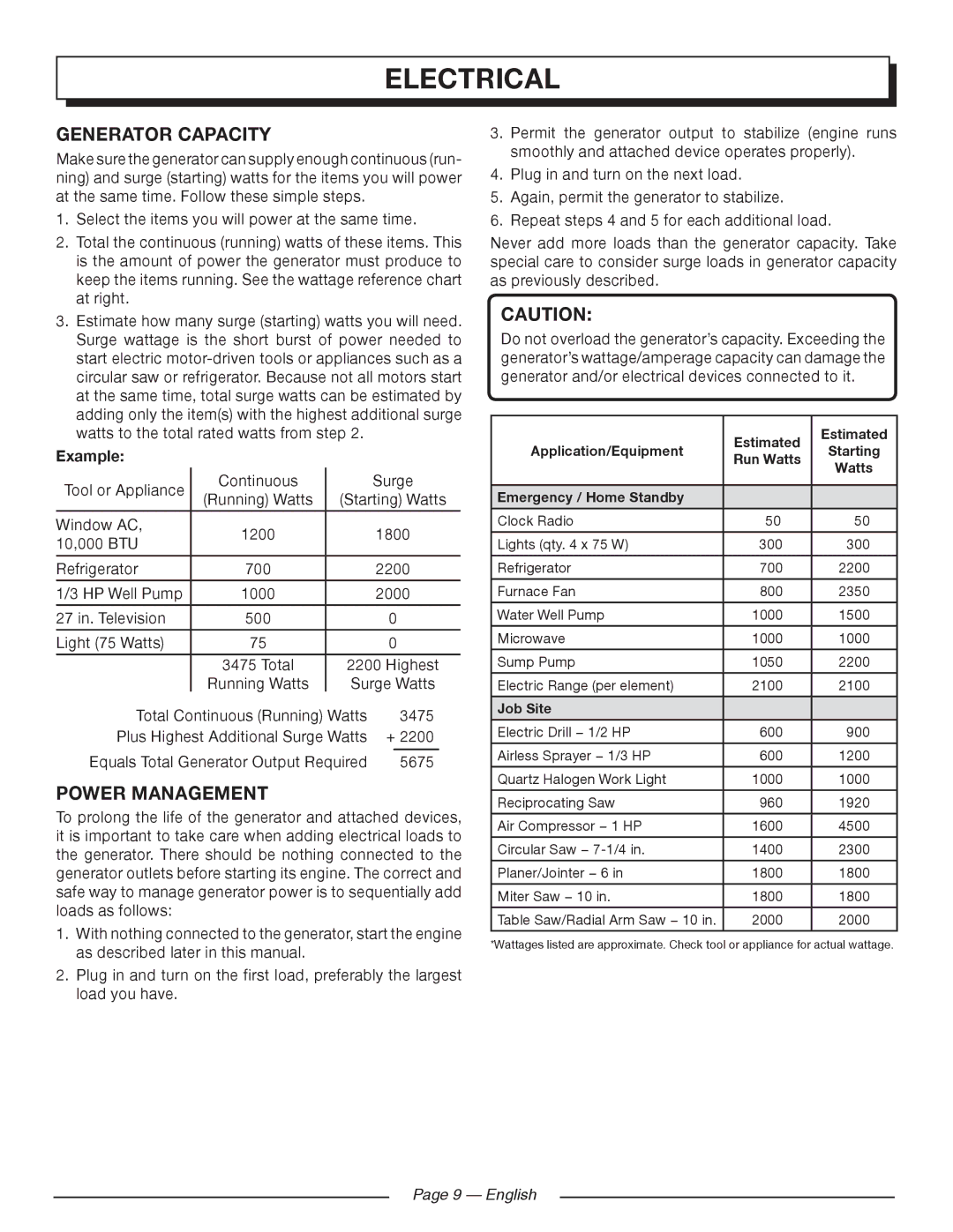 Homelite HGCA5000 manuel dutilisation Generator Capacity, Power Management, Example, English 