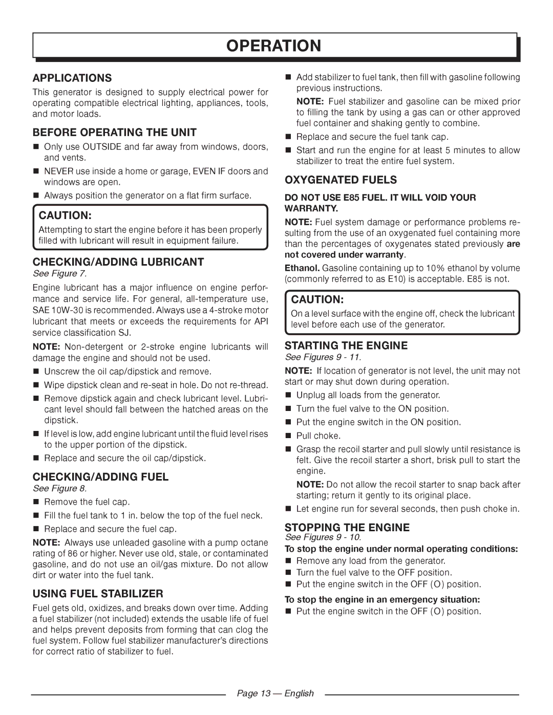 Homelite HGCA5000 Applications, Before Operating the Unit, CHECKING/ADDING Lubricant, CHECKING/ADDING Fuel 