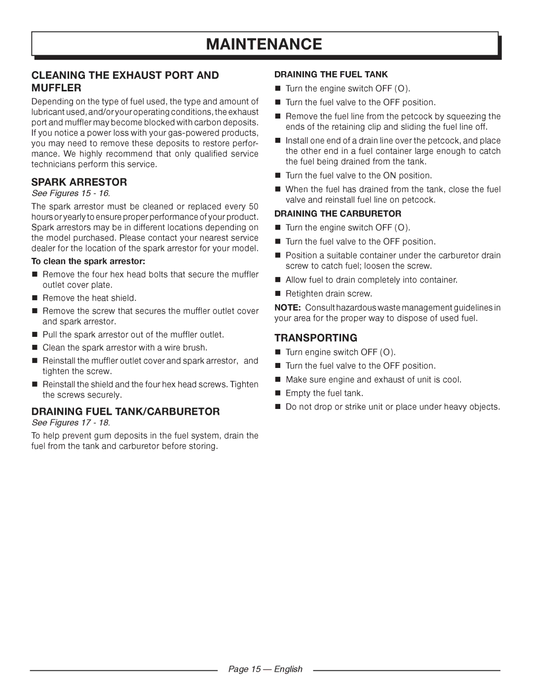 Homelite HGCA5000 Cleaning the Exhaust Port and Muffler, Spark Arrestor, Draining Fuel TANK/CARBURETOR, Transporting 