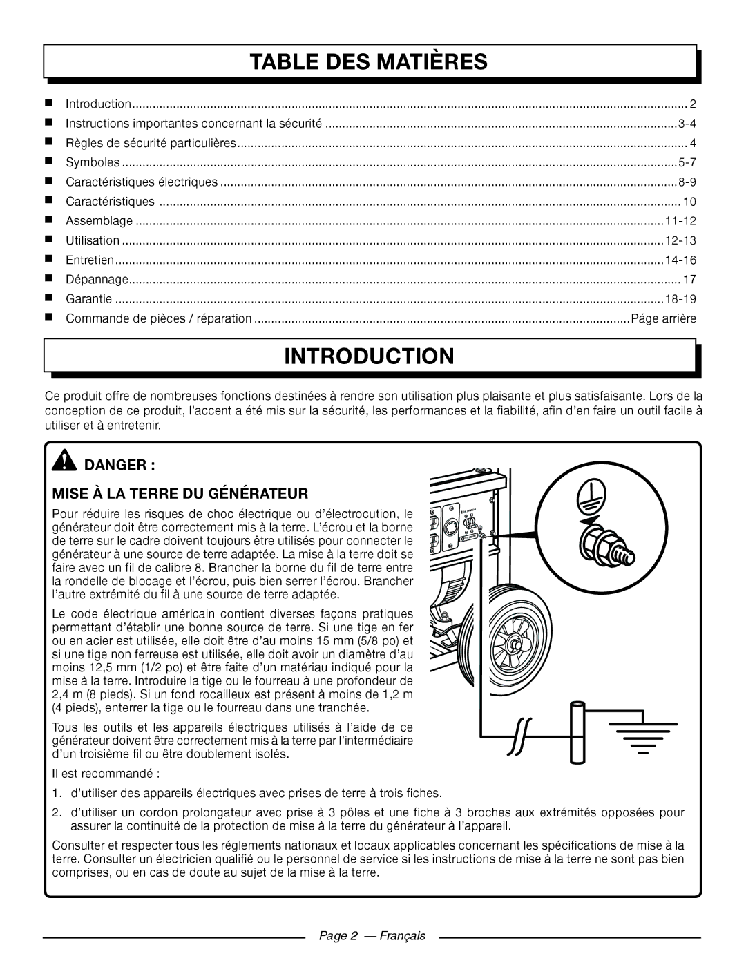 Homelite HGCA5000 manuel dutilisation Table DES Matières, Mise À LA Terre DU Générateur, Français 