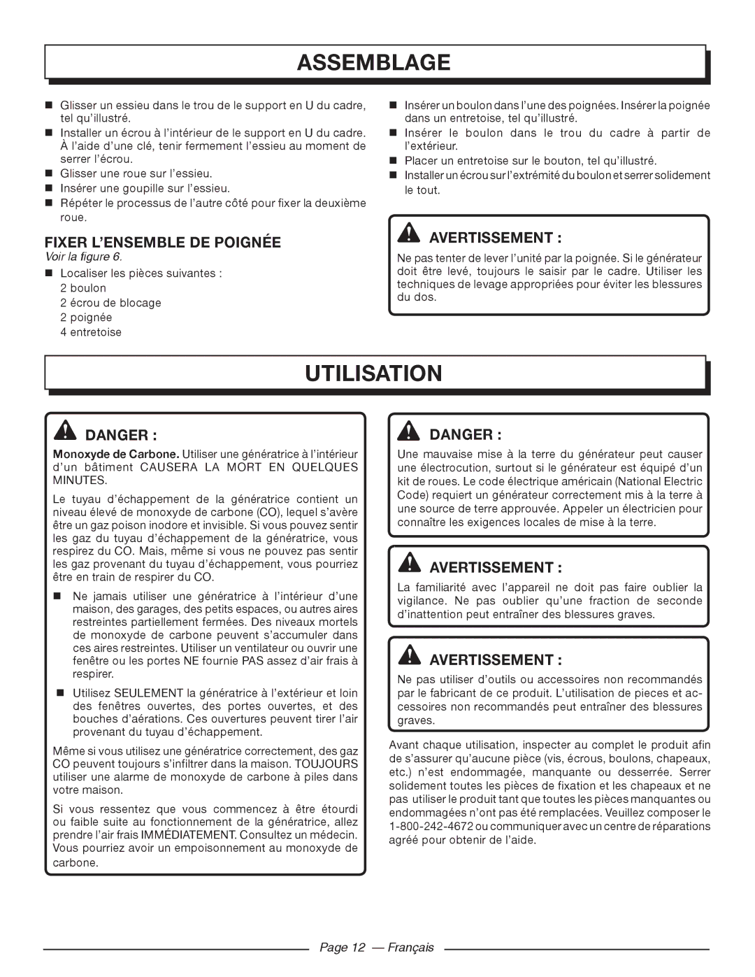 Homelite HGCA5000 manuel dutilisation Utilisation, Fixer L’ENSEMBLE DE Poignée, Français 