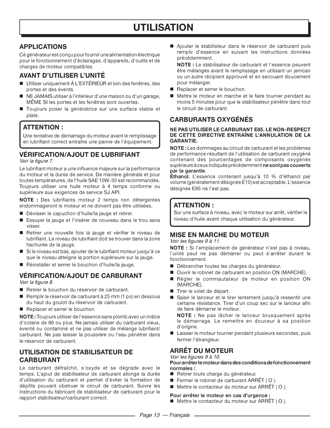 Homelite HGCA5000 Avant D’UTILISER L’UNITÉ, VÉRIFICATION/AJOUT DE Lubrifiant, VÉRIFICATION/AJOUT DE Carburant 