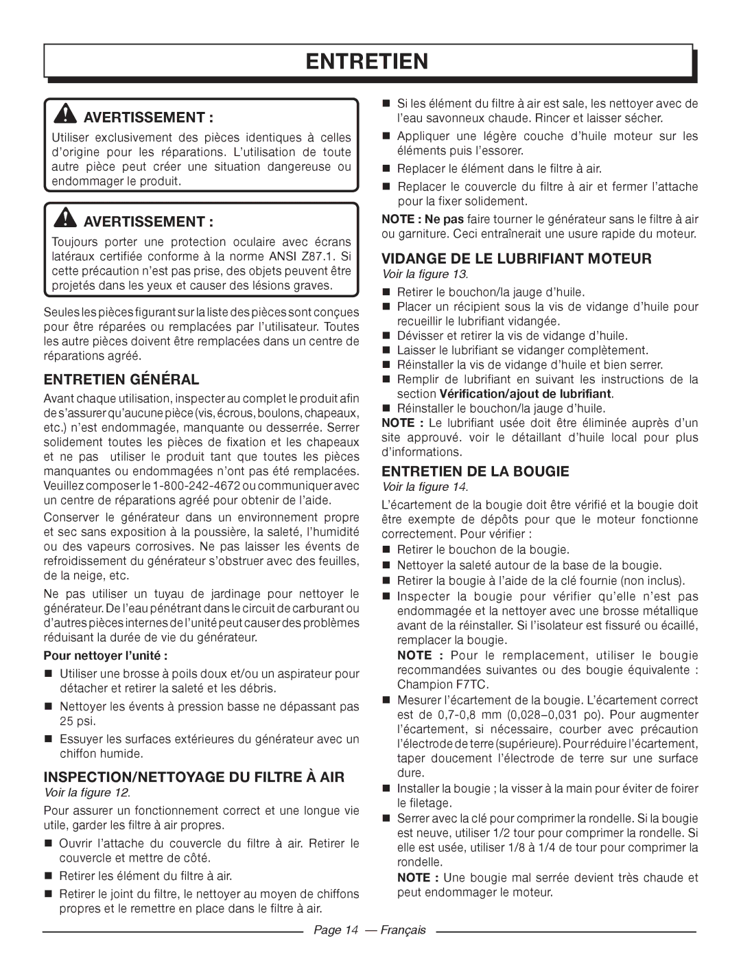 Homelite HGCA5000 Entretien Général, INSPECTION/NETTOYAGE DU Filtre À AIR, Vidange DE LE Lubrifiant Moteur 