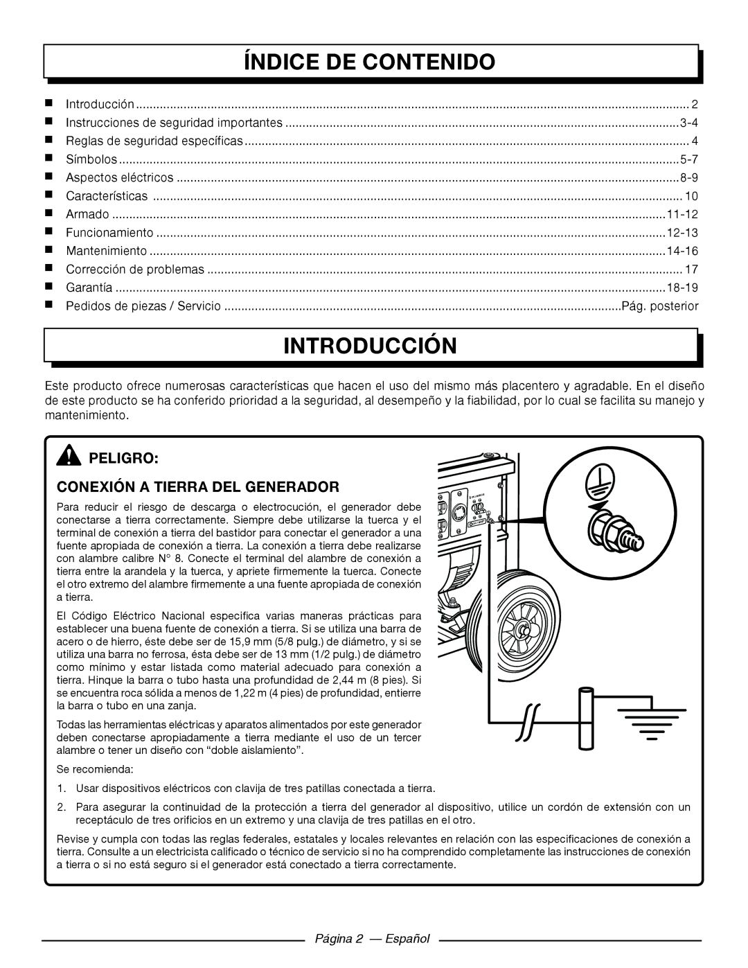 Homelite HGCA5000 Índice DE Contenido, Introducción, Peligro Conexión a Tierra DEL Generador, Pág. posterior 