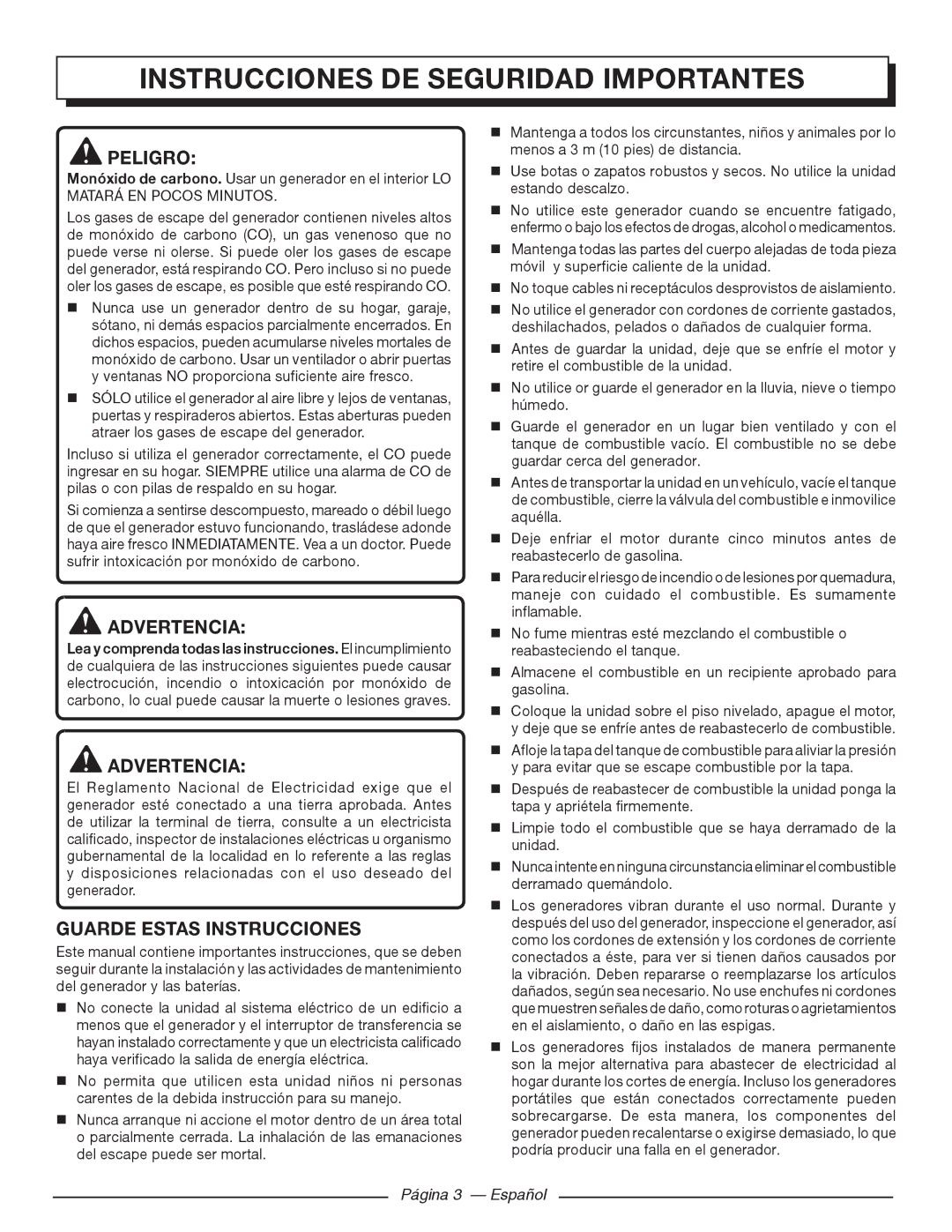 Homelite HGCA5000 Instrucciones DE Seguridad Importantes, Peligro, Advertencia, Guarde Estas Instrucciones 