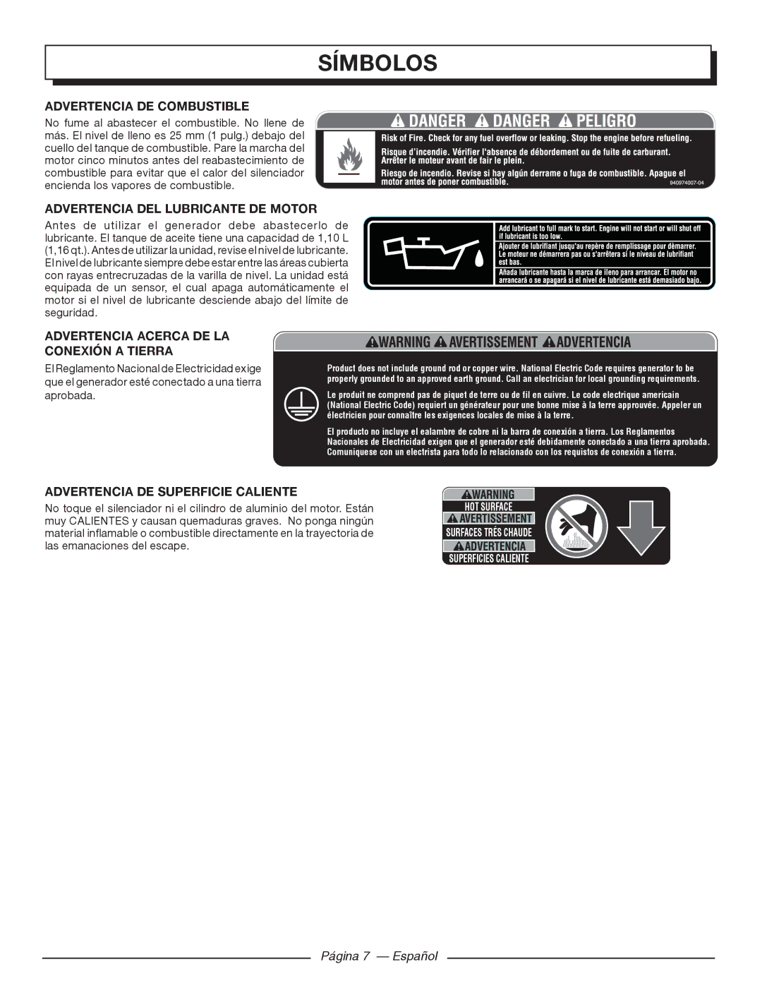 Homelite HGCA5000 manuel dutilisation Símbolos, Página 7 Español 