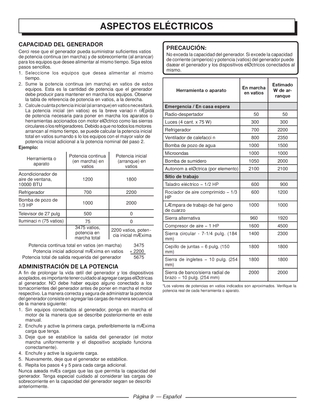 Homelite HGCA5000 manuel dutilisation Capacidad DEL Generador, Administración DE LA Potencia, Página 9 Español 