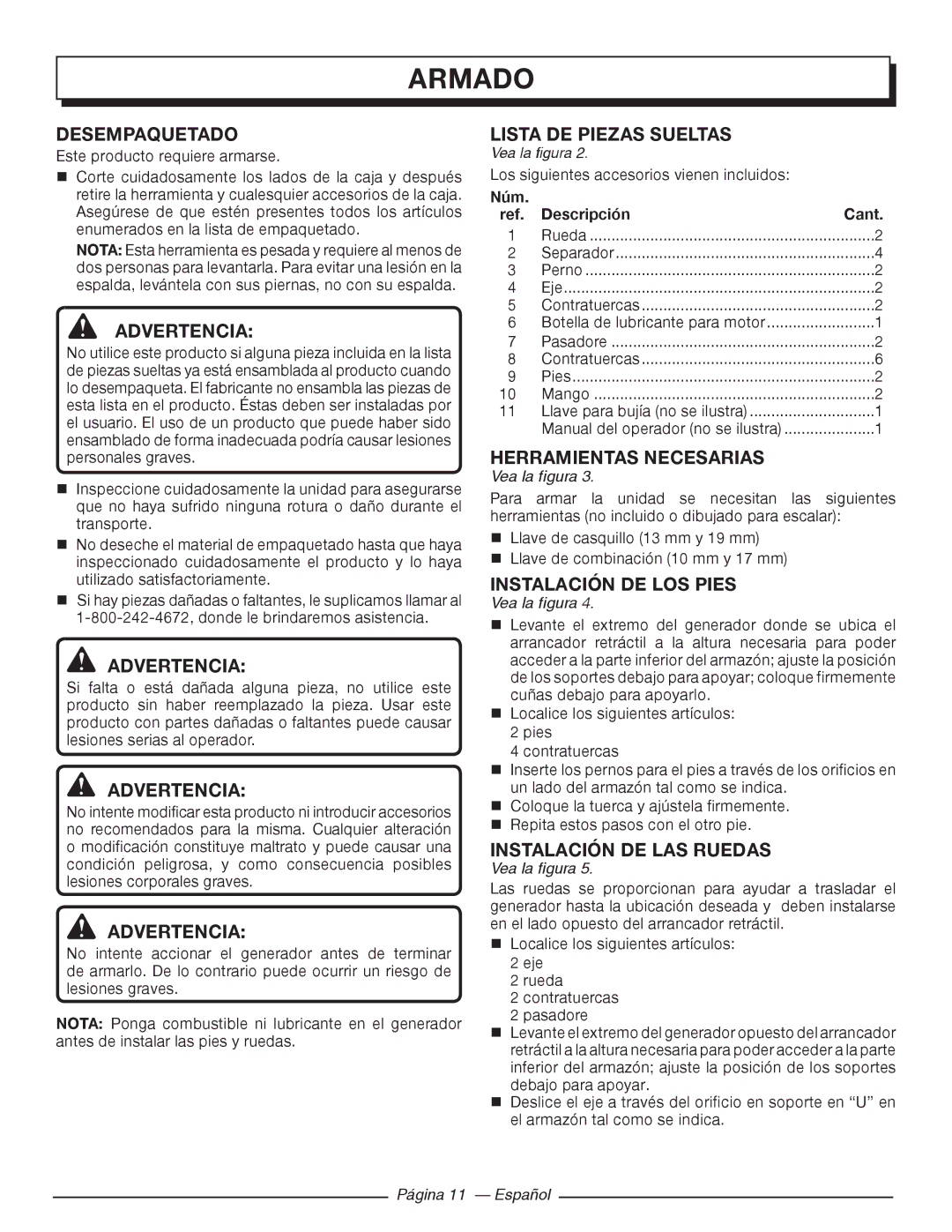 Homelite HGCA5000 manuel dutilisation Armado 