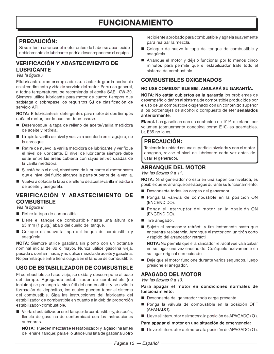 Homelite HGCA5000 Verificación Y Abastecimiento DE Lubricante, Verificación Y Abastecimiento DE Combustible 