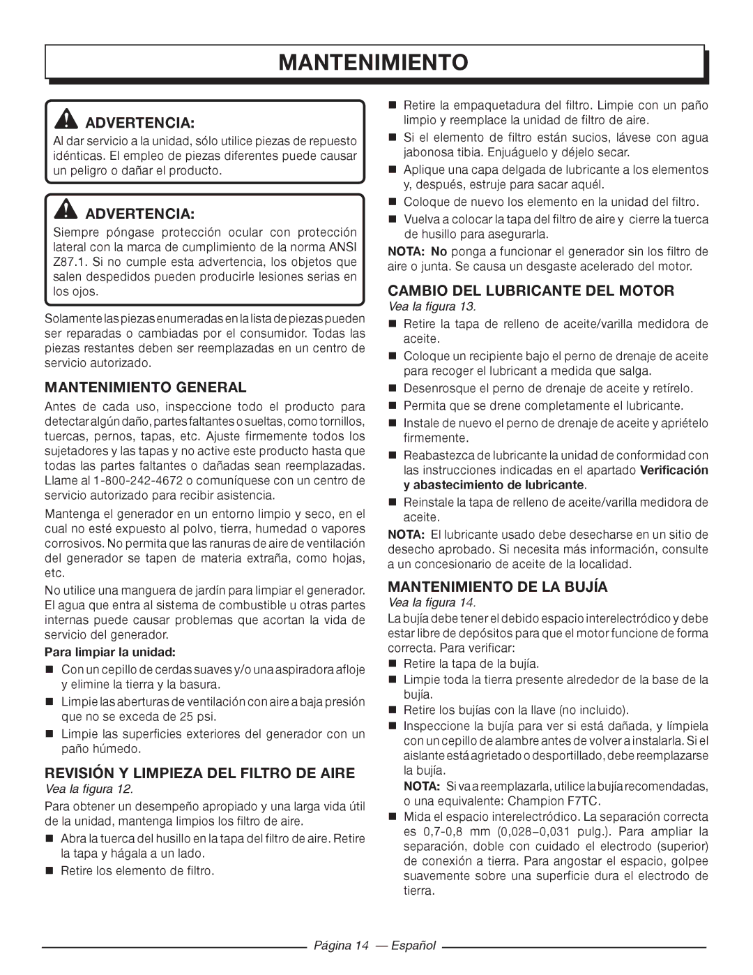 Homelite HGCA5000 Mantenimiento General, Revisión Y Limpieza DEL Filtro DE Aire, Cambio DEL Lubricante DEL Motor 