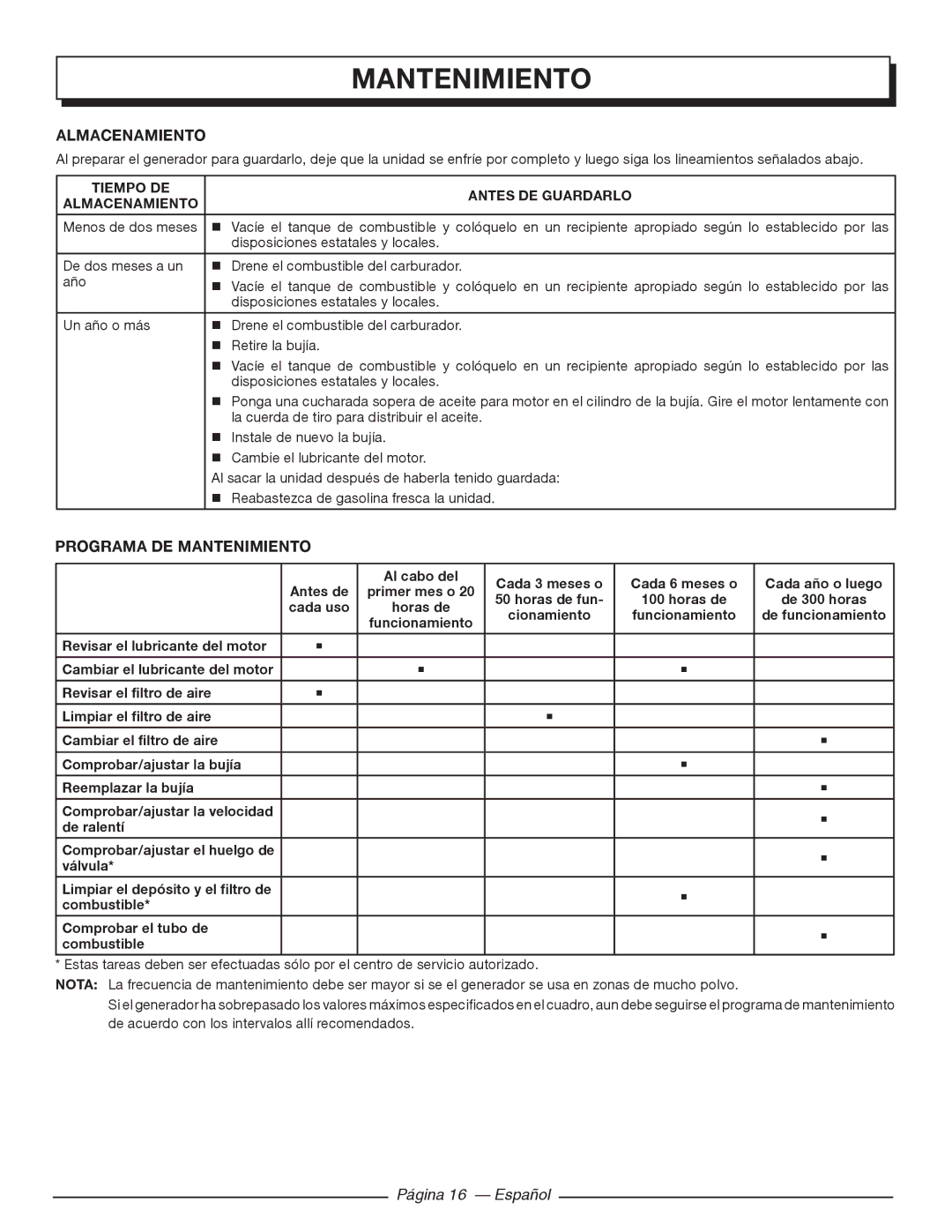 Homelite HGCA5000 manuel dutilisation Almacenamiento, Programa DE Mantenimiento, Página 16 Español 