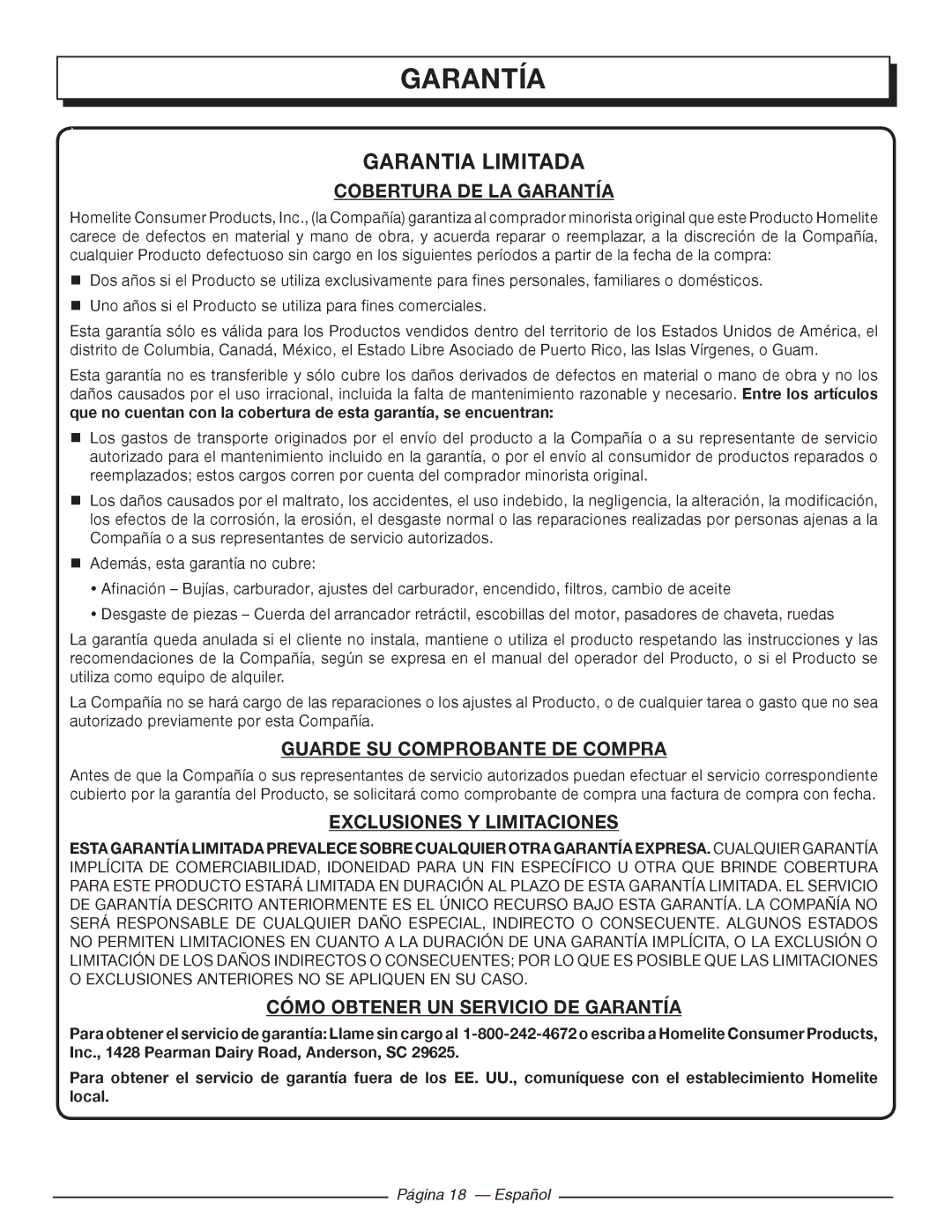 Homelite HGCA5000 Cobertura DE LA Garantía, Guarde SU Comprobante DE Compra, Exclusiones Y Limitaciones 