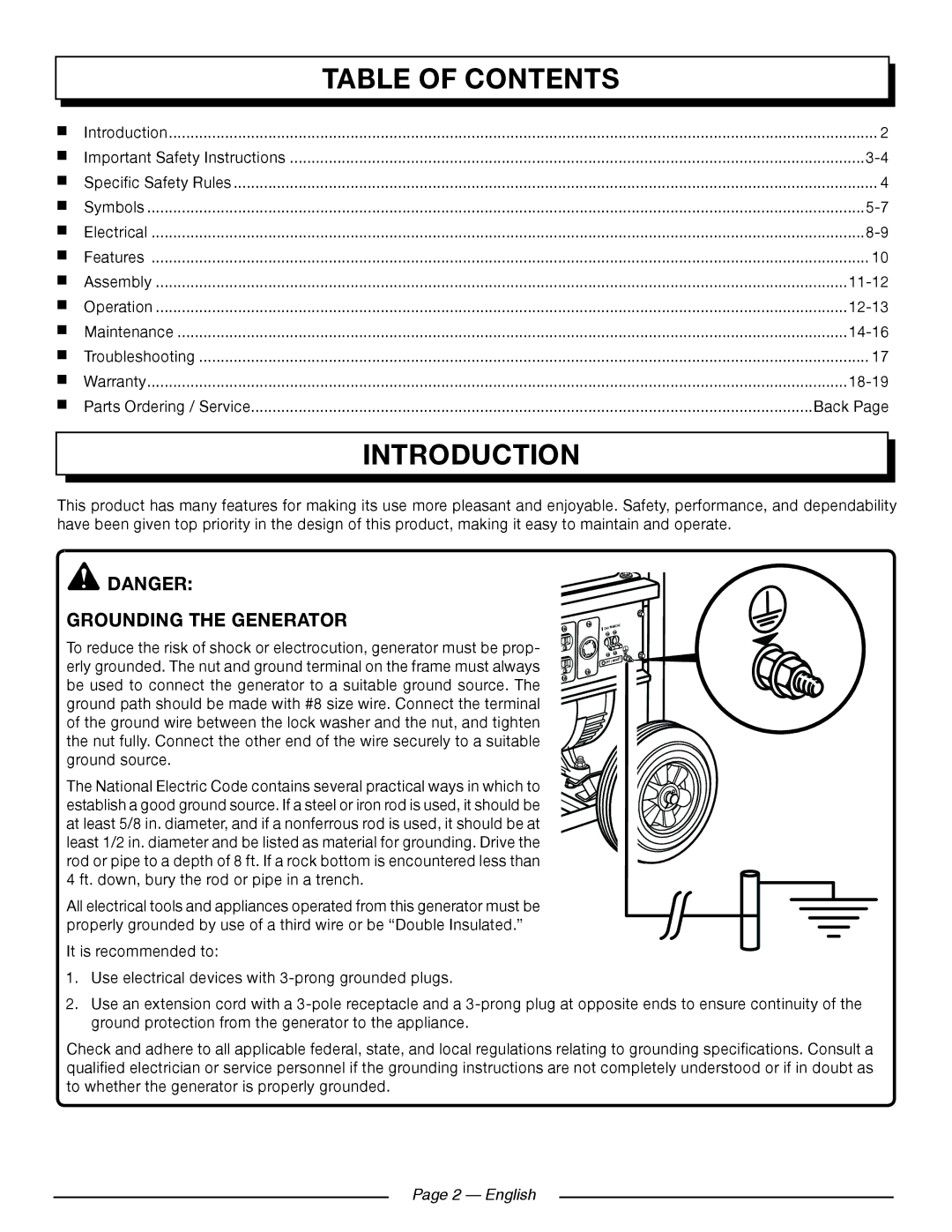 Homelite HGCA5000 manuel dutilisation Introduction, Table of Contents 