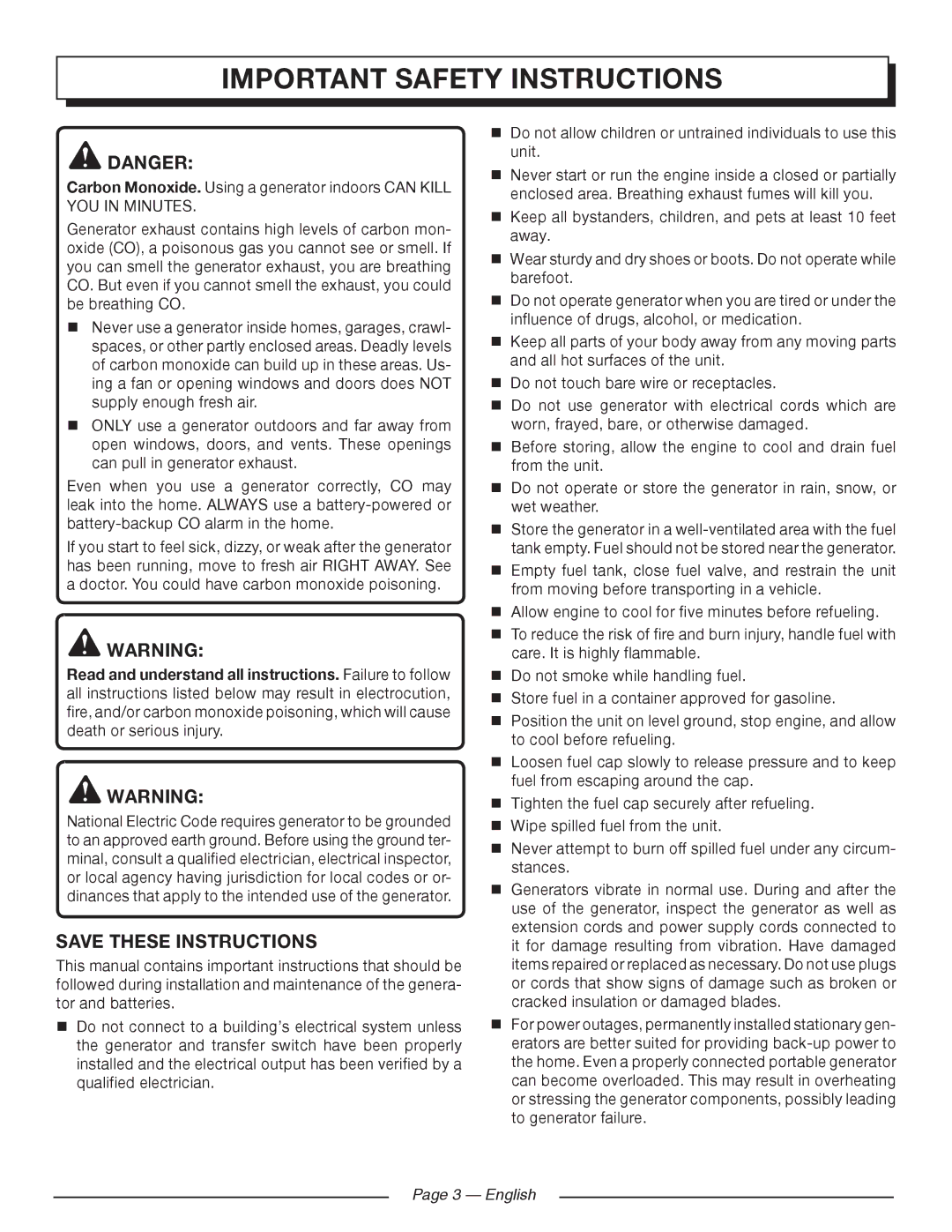 Homelite HGCA5000 manuel dutilisation Important Safety Instructions, English 