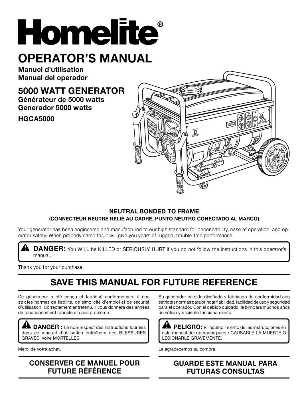 Homelite HGCA5000 manuel dutilisation Watt Generator, Save This Manual For Future Reference, Neutral Bonded To Frame 