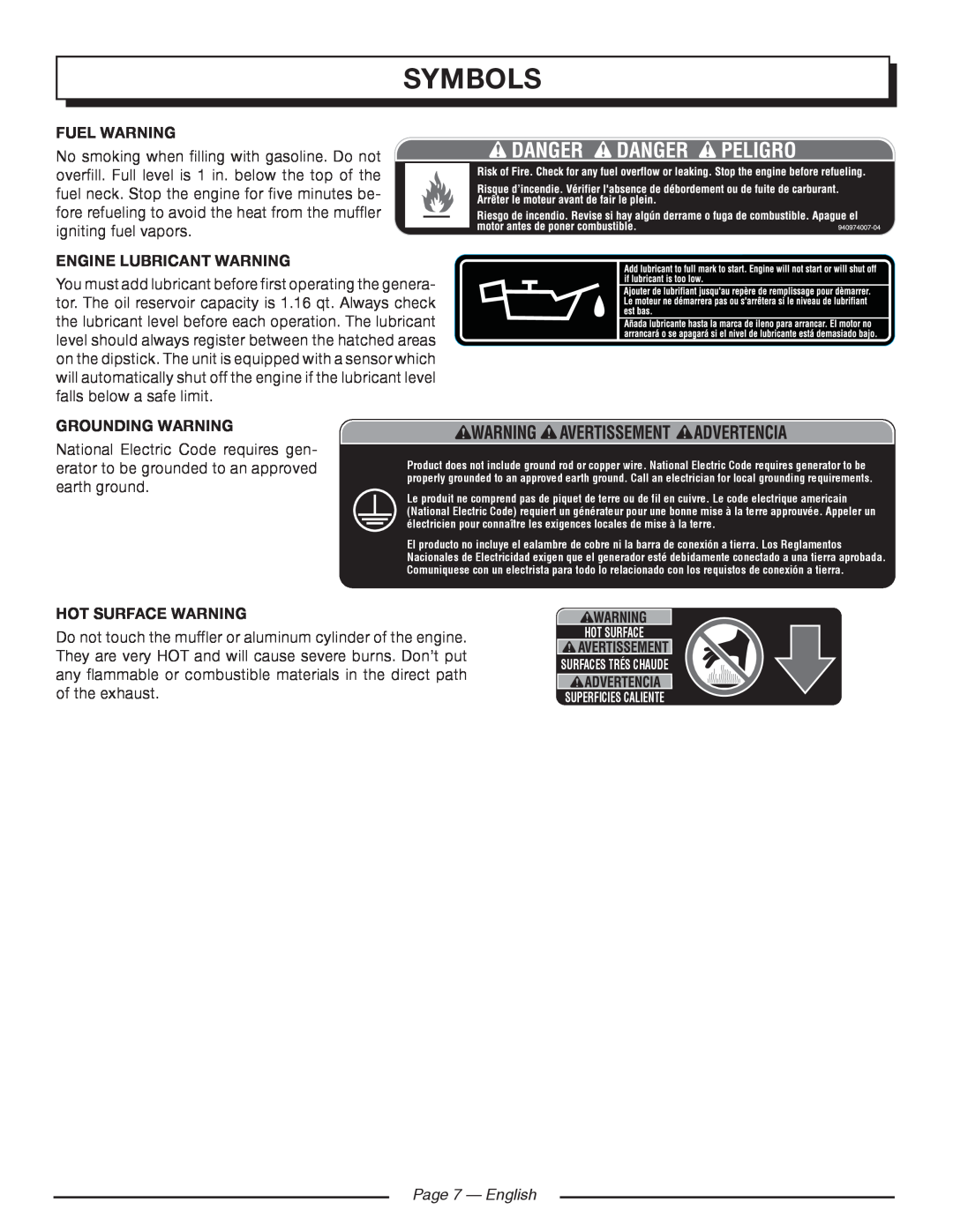 Homelite HGCA5000 Fuel Warning, Engine Lubricant Warning, Grounding Warning, Hot Surface Warning, Page 7 - English 