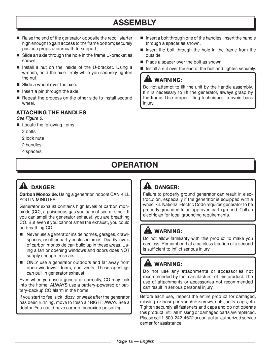 Homelite HGCA5000 Operation, Attaching The Handles, Dangerdanger, Page 12 - English, Assembly, See Figure 