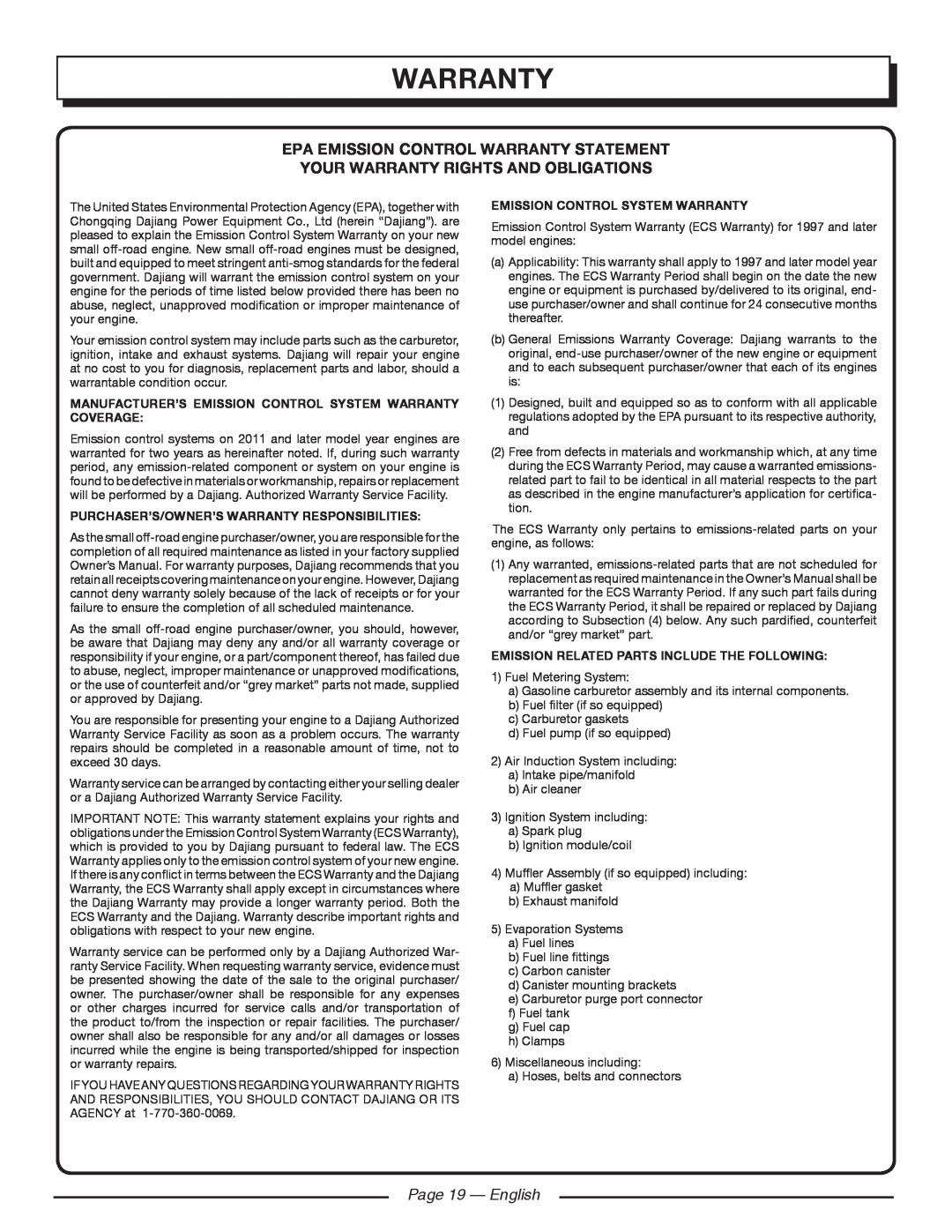 Homelite HGCA5000 Epa Emission Control Warranty Statement, Your Warranty Rights And Obligations, Page 19 - English 