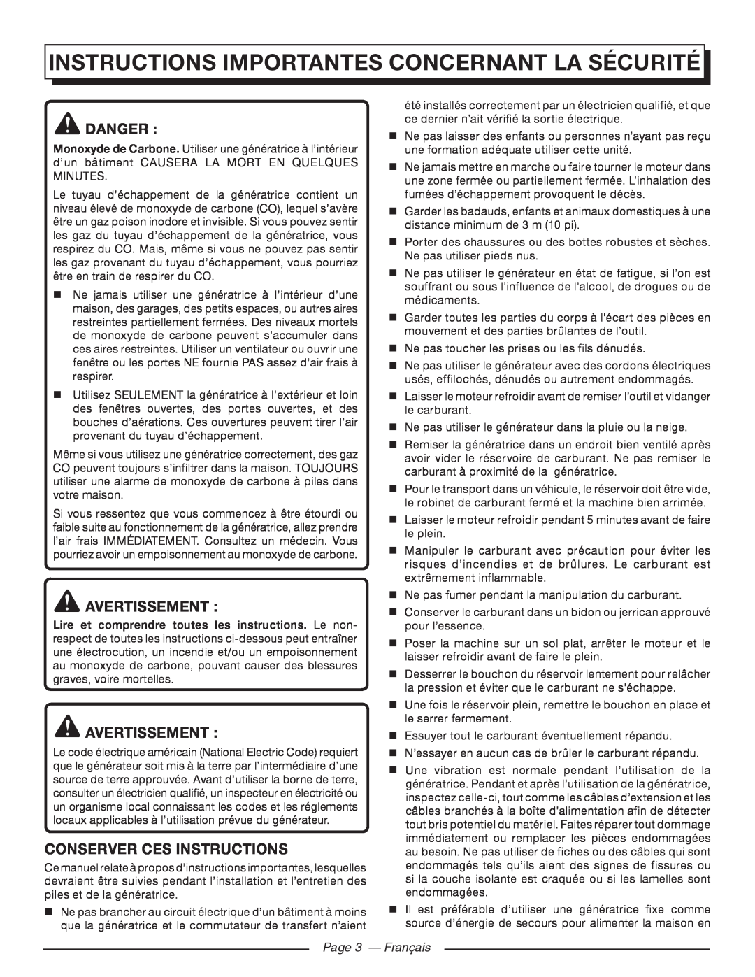 Homelite HGCA5000 Instructions Importantes Concernant La Sécurité, Avertissement, Conserver Ces Instructions, Danger 