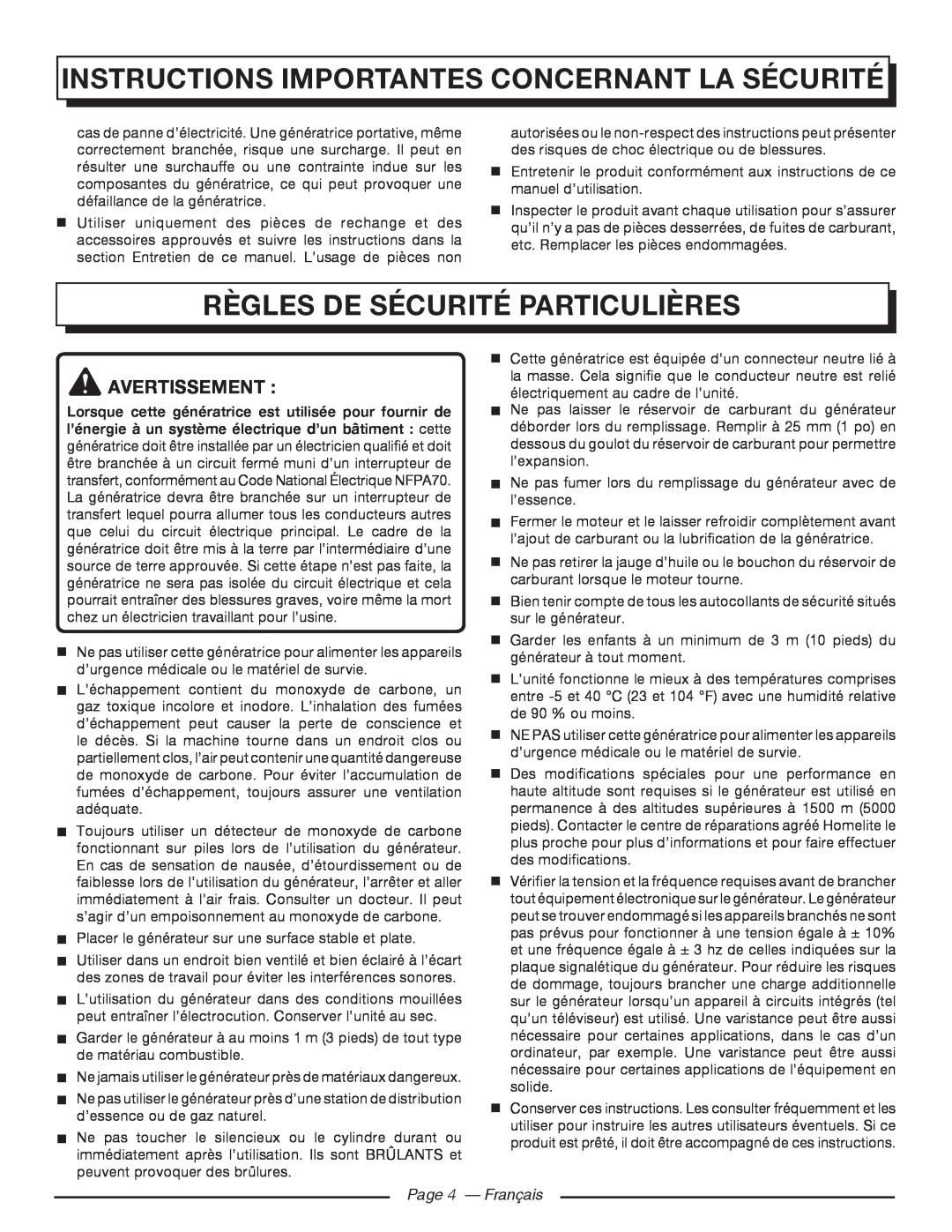 Homelite HGCA5000 Règles De Sécurité Particulières, Page 4 - Français, Instructions Importantes Concernant La Sécurité 