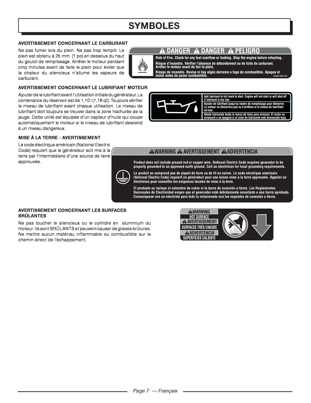 Homelite HGCA5000 Page 7 - Français, Symboles, Avertissement Concernant Le Carburant, Mise À La Terre - Avertissement 