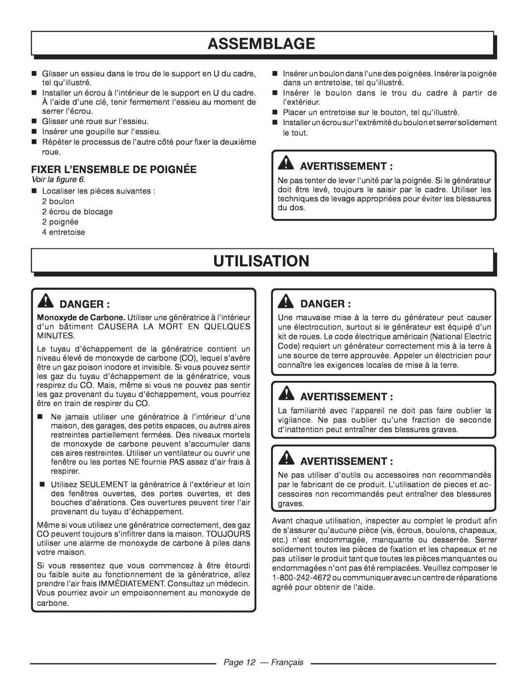 Homelite HGCA5000 Utilisation, Fixer L’Ensemble De Poignée, Danger Danger, Page 12 - Français, Assemblage, Avertissement 