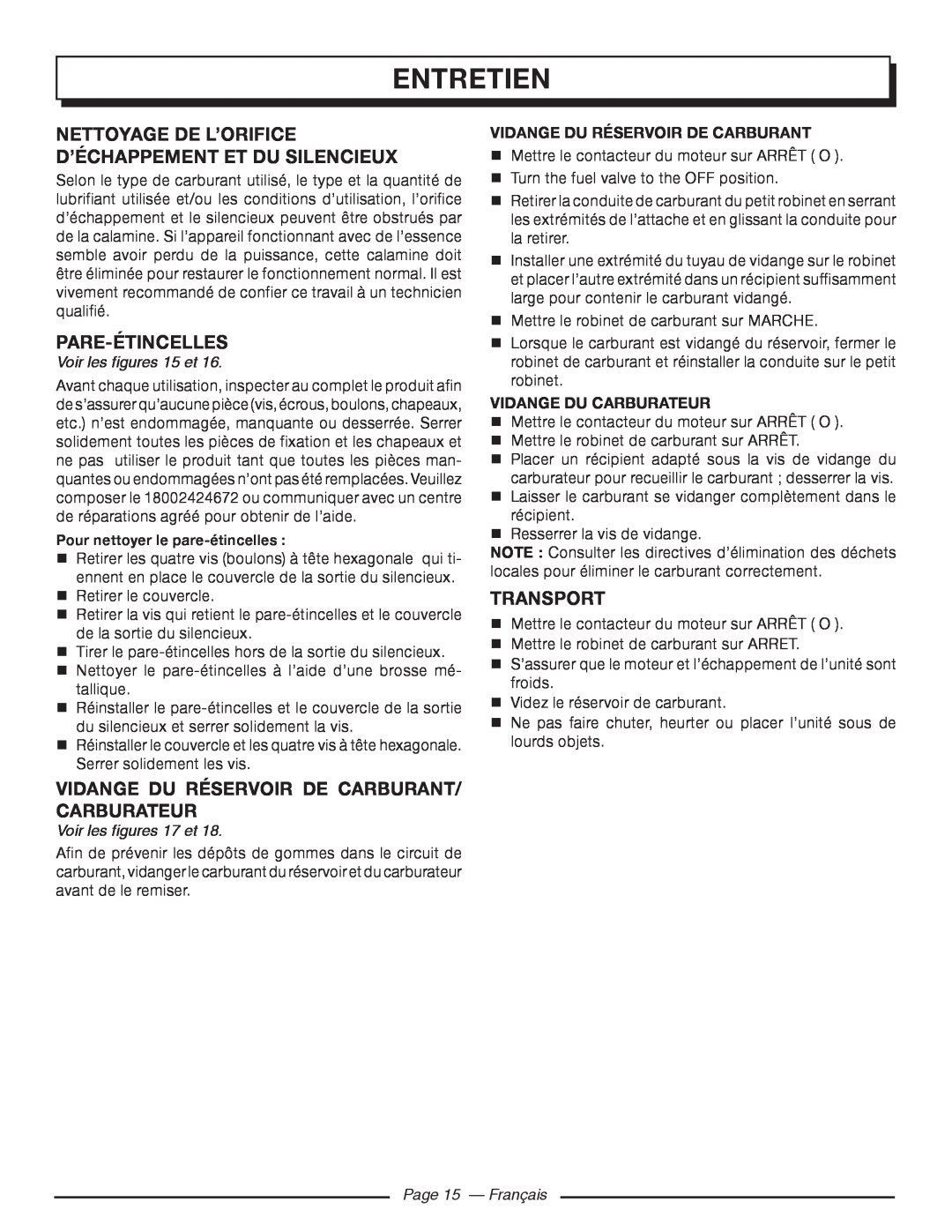 Homelite HGCA5000 Nettoyage De L’Orifice D’Échappement Et Du Silencieux, Pare-Étincelles, Transport, Page 15 - Français 