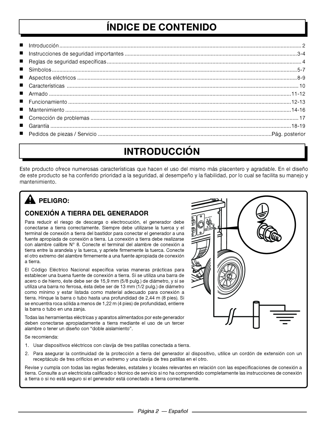 Homelite HGCA5000 Índice De Contenido, Introducción, Peligro Conexión A Tierra Del Generador, Pág. posterior, 11-12, 12-13 