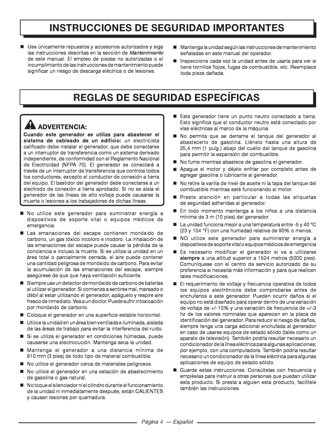 Homelite HGCA5000 Reglas De Seguridad Específicas, Página 4 - Español, Instrucciones De Seguridad Importantes, Advertencia 