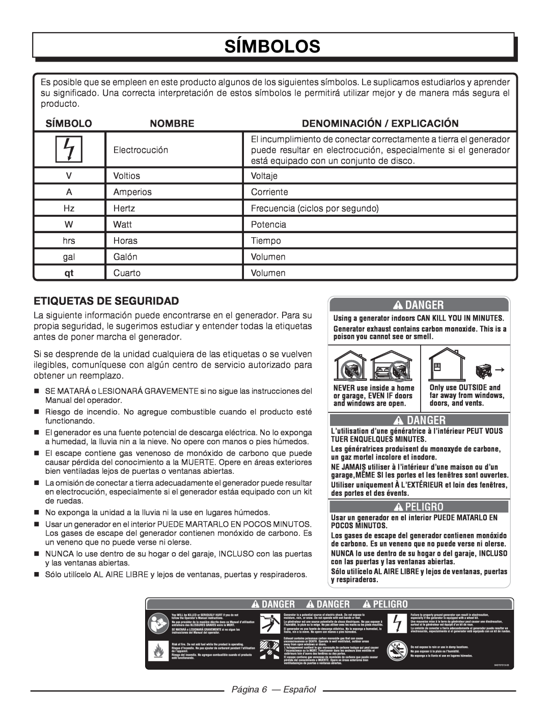 Homelite HGCA5000 Etiquetas De Seguridad, Página 6 - Español, Símbolos, Danger, Nombre, Denominación / Explicación 