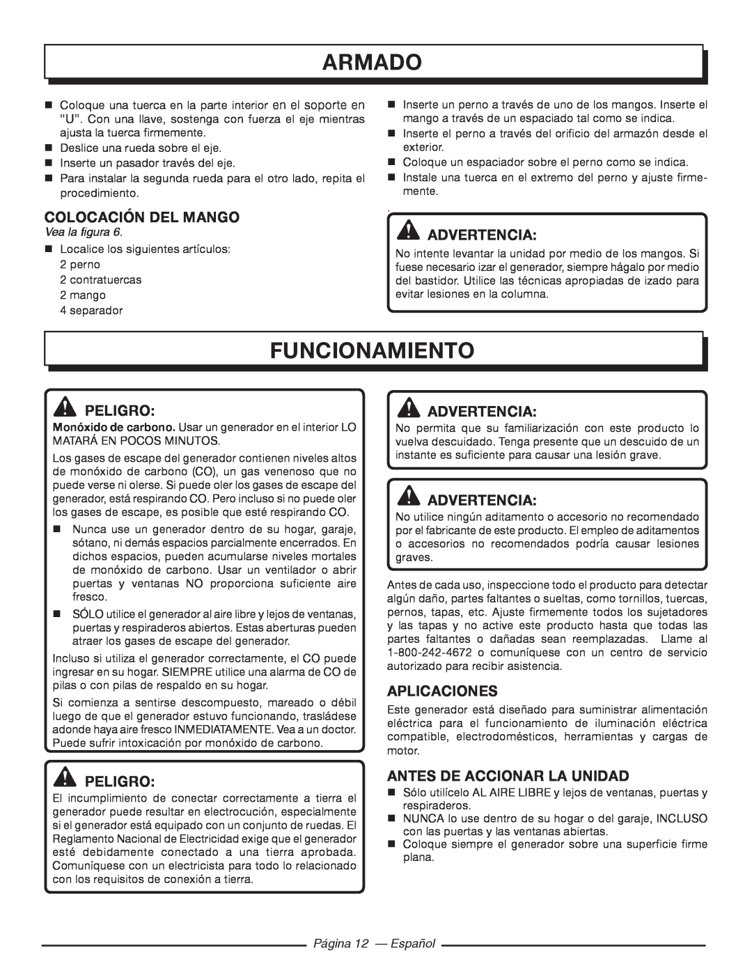 Homelite HGCA5000 Funcionamiento, Colocación Del Mango, Aplicaciones, Antes De Accionar La Unidad, Página 12 - Español 