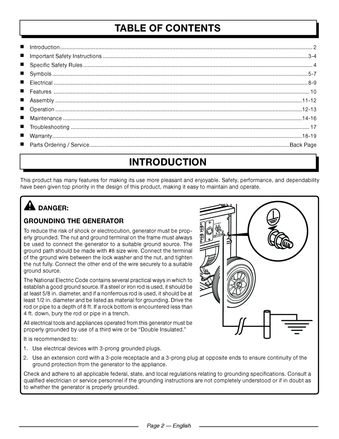 Homelite HGCA5000 manuel dutilisation Introduction, Danger Grounding The Generator, Page 2 - English, Table Of Contents 