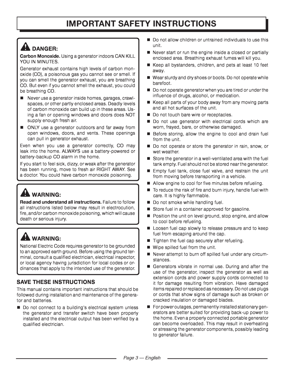 Homelite HGCA5000 manuel dutilisation Important Safety Instructions, Danger, Save These Instructions, Page 3 - English 