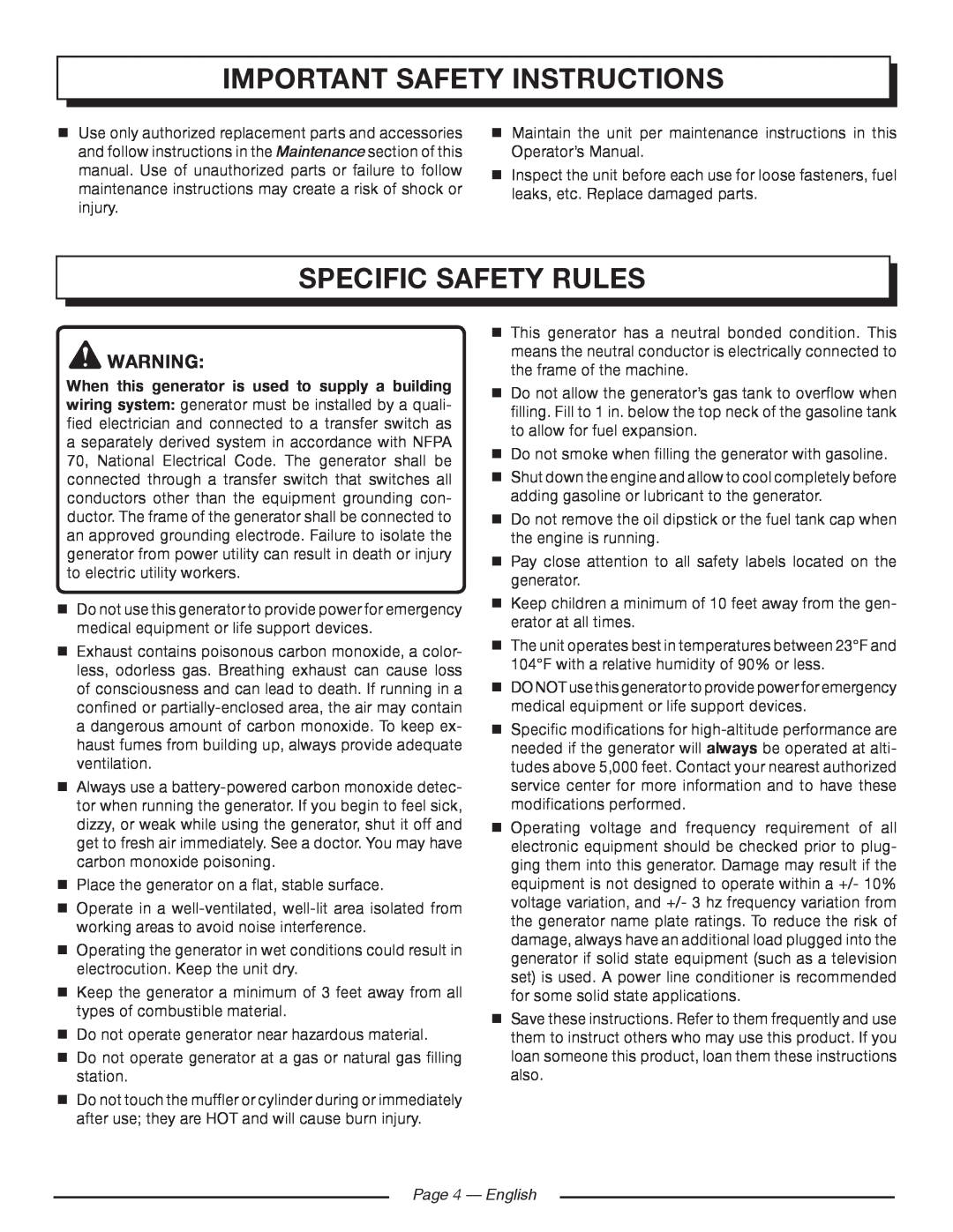 Homelite HGCA5000 manuel dutilisation Specific Safety Rules, Page 4 - English, Important Safety Instructions 