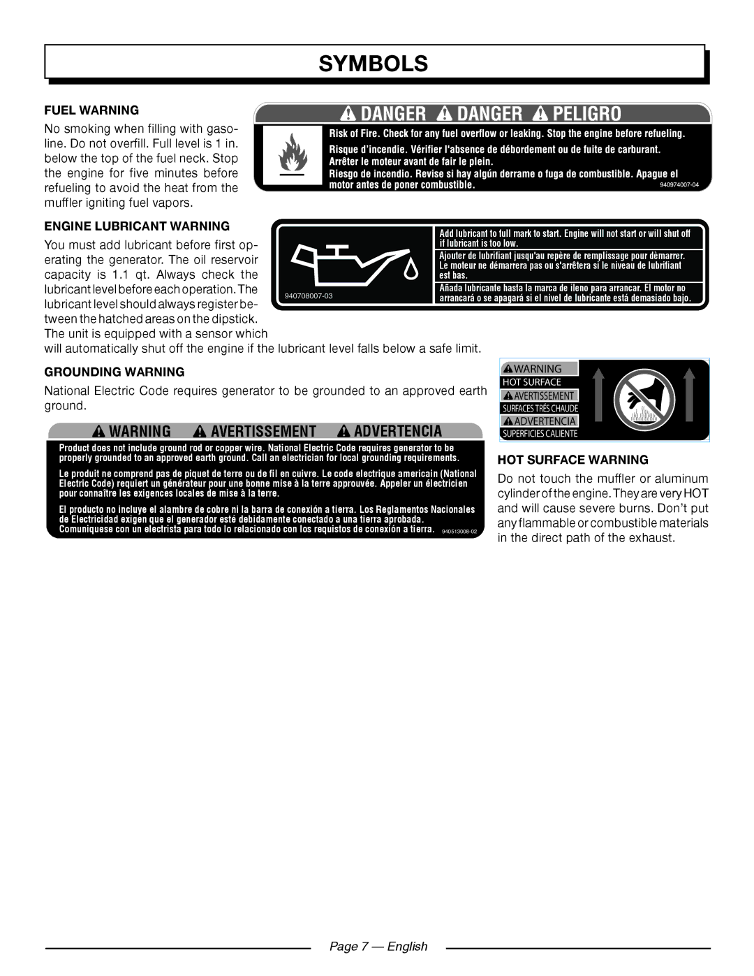 Homelite HGCA5700 Fuel warning, Engine Lubricant warning, Grounding warning­, Hot Surface warning, English 